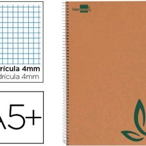 Cuaderno espiral cuarto ecouse tapa cartulina kraft 80h papel reciclado 60 gr cuadro 4mm.