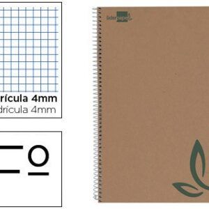 Cuaderno espiral cuarto ecouse tapa cartulina kraft 80h papel reciclado 60 gr cuadro 4mm.